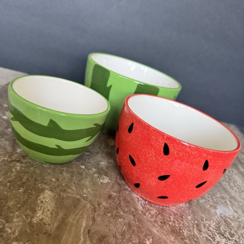 Pier 1 Watermelon Nesting Bowls ~ Set of 3 Hand Painted Earthenware